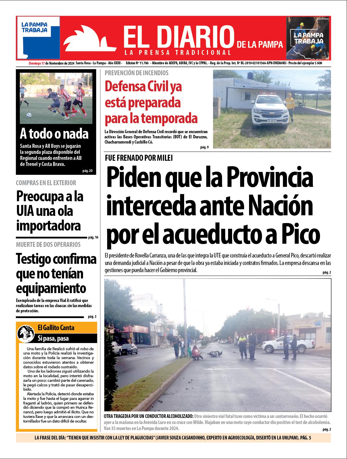 Tapa de El Diario en papel  domingo 17 de noviembre de 2024